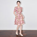 Elegant round Neck Printed Dress with Belt High Quality Heavy Work Slimming Midi A- Line Skirt French Summer
