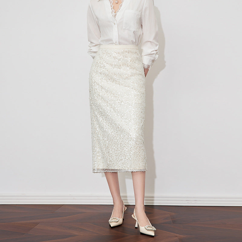 French Fashion Temperament Socialite Hip-wrapped Skirts Heavy Industry Sequins High Waist Slim Split White Skirt Women Summer