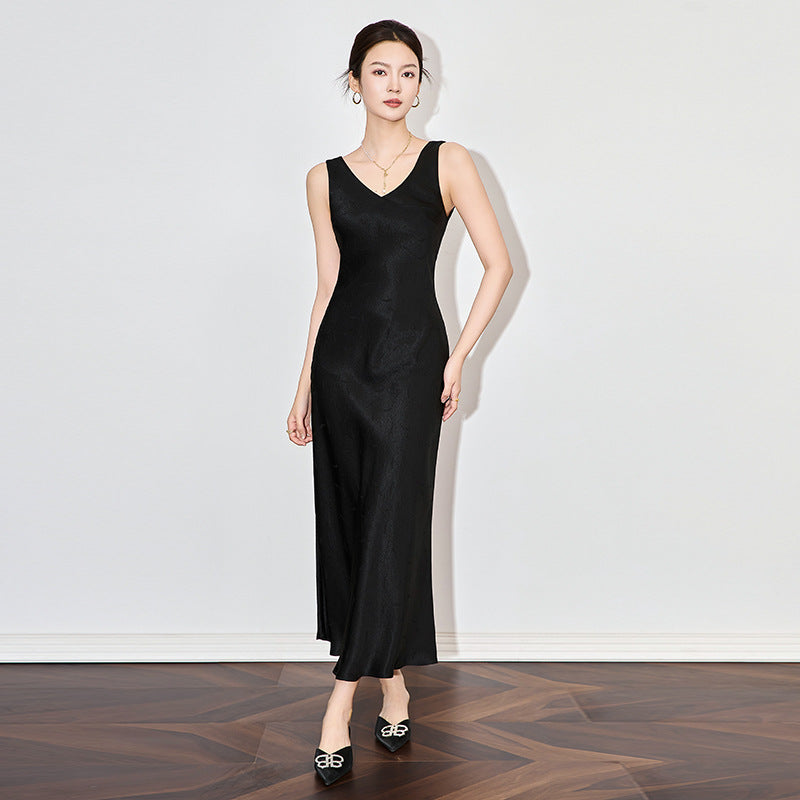Summer Elegant Commuter Long Dress V-neck Crack Tassel Floral Embroidery Acetate Satin Slim Fit Vest Dress High Waist Midi Skirt