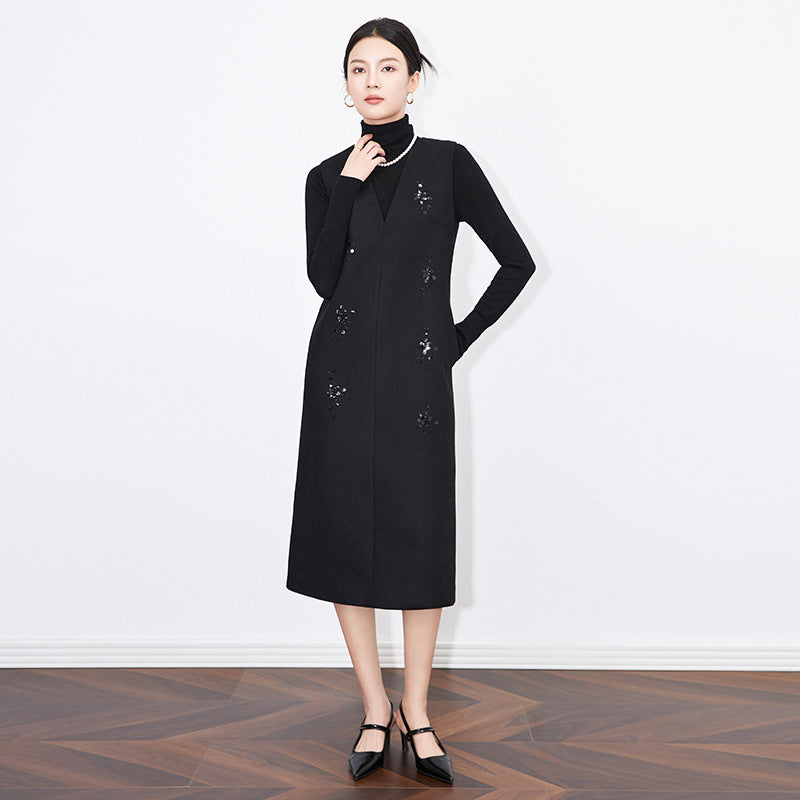 Women's Wool Blend Dress Beading V Neck Warm Straight Sleeveless Dresses Elegant Women Winter Clothing