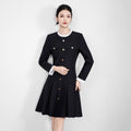 Black Elegant Temperament Commuter Round Neck Long Sleeve Single-Breasted High Waist Slim A-line Pleated Dress for Women