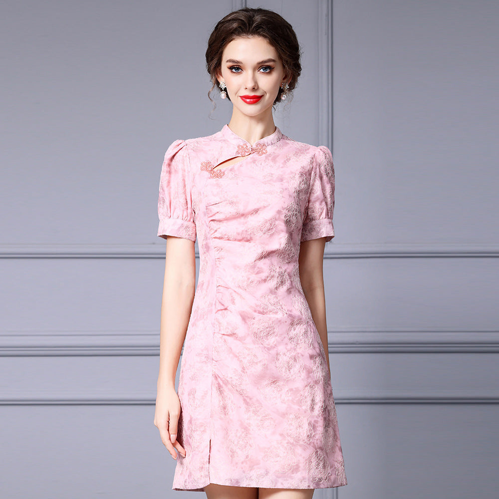 Slimming Young Chinese Style Qipao Dress Floral Print Short Skirt High Waist Short Sleeve Stand Collar Midi Dress for Women