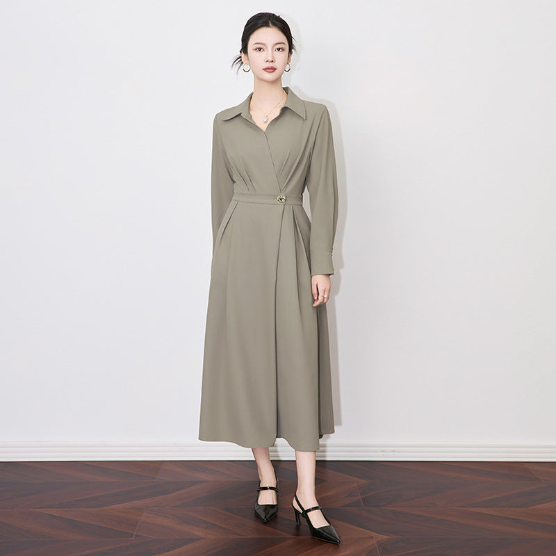 French Long-sleeve Shirt Dress for Women 2026 Autumn New A-line Office Lady Solid Midi Dresses Vestidos