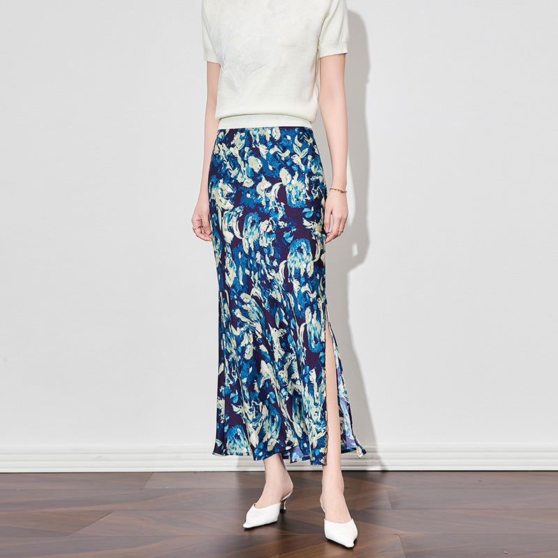 Retro Acetate Satin Floral Print f Skirt Slimming Fi Tail Long Dr Summer High Waist Covering Hip Ele Women's Skirt