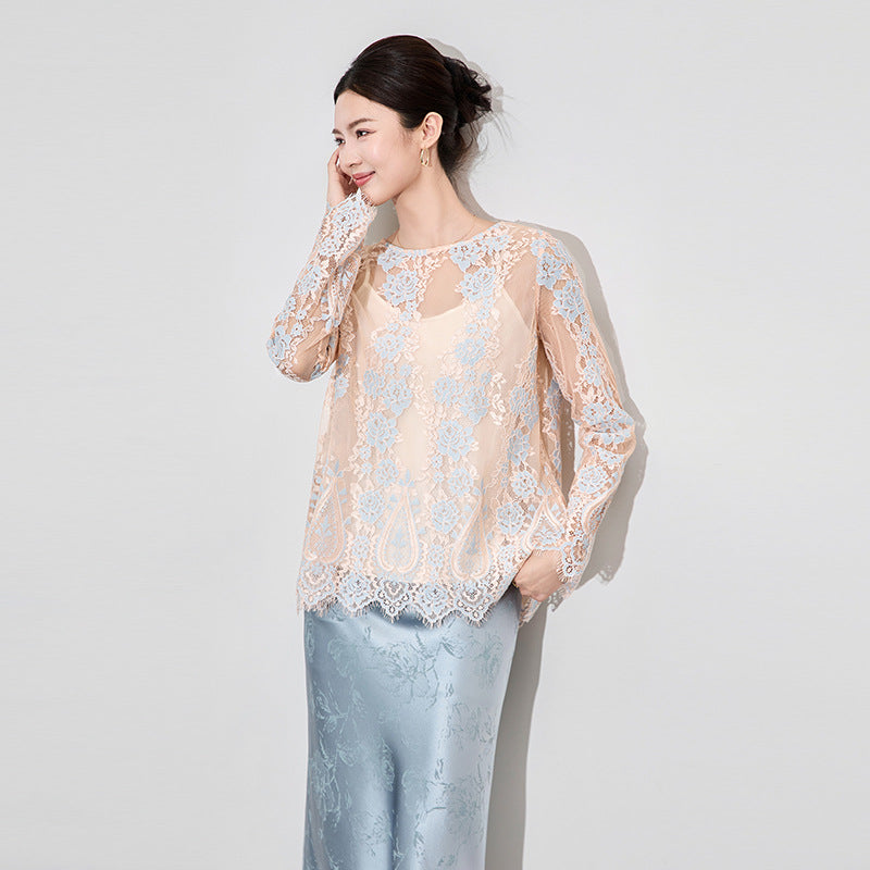 New Fashion Summer Lace Blouse Women Elegant Floral Hook Hollowed Out Sexy Sheer Long Sleeve Pullover Top Casual Loose T-shirt
