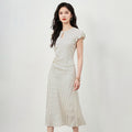 Women's Ruffle Collar Polka Dot Print Midi Dress Spring New Fashion Lady Light Yellow Satin Slim Fitting Puff Sleeve Robe