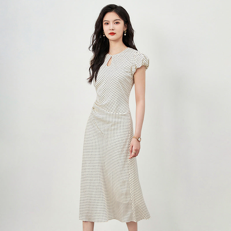 Women's Ruffle Collar Polka Dot Print Midi Dress Spring New Fashion Lady Light Yellow Satin Slim Fitting Puff Sleeve Robe