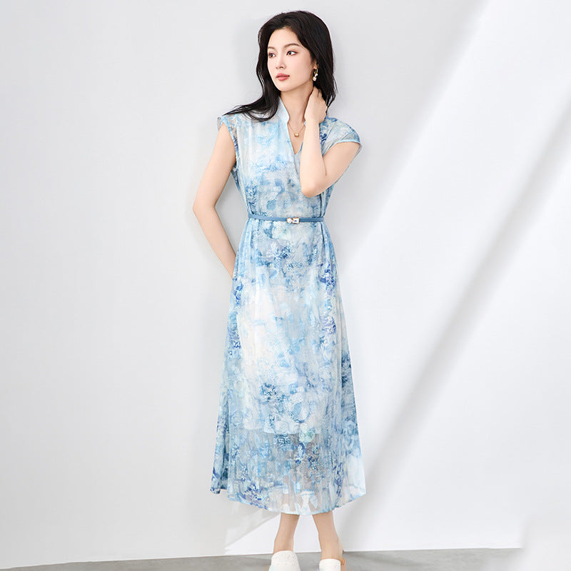 Printed Short Sleeve Dress with Belt High Waist Fairy Skirt Style Cleanfit Neutral Citywalk Dress