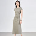 Summer Bodycon Dress Female Casual Pleated Slim Short Sleeve O-Neck Dress T Shirts Korea Chic Vintage Lady Dress