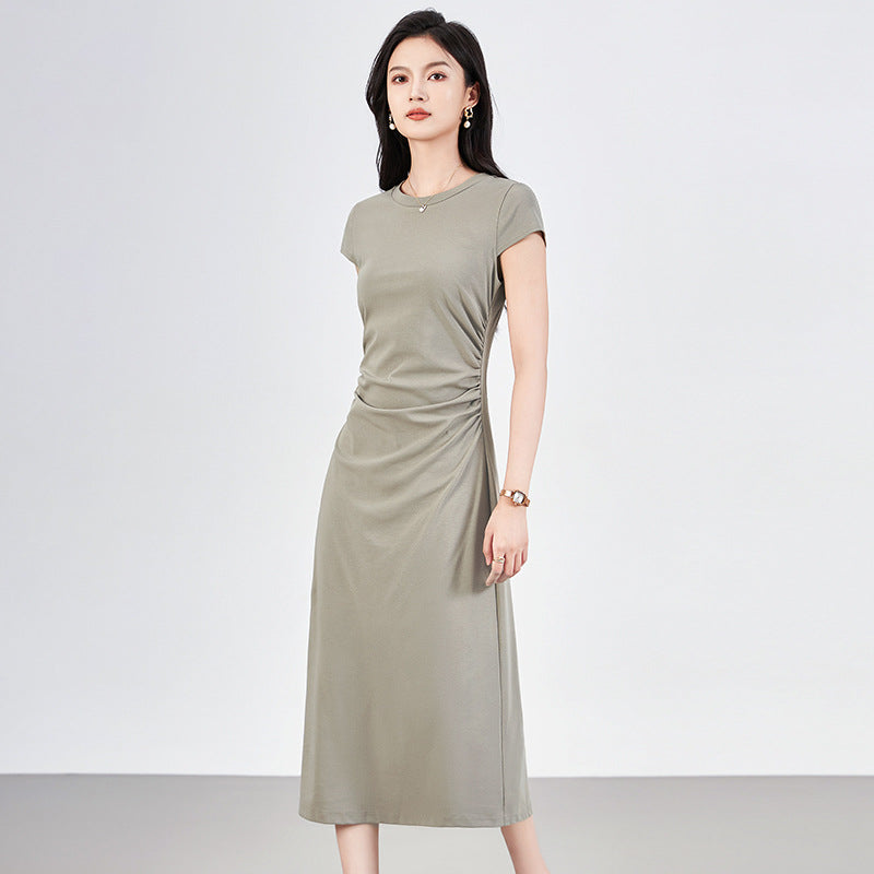 Summer Bodycon Dress Female Casual Pleated Slim Short Sleeve O-Neck Dress T Shirts Korea Chic Vintage Lady Dress