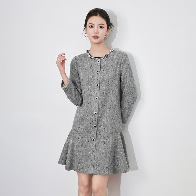 Elegant Simple Waist-Cinching Small Fragrance Style Dress Women's Mid-length A- line Skirt