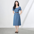 Elegant Retro Square Collar Waist Cinched Bubble Sleeve Denim Dress Commute Women Summer Style A- Line Midi Dress French Style