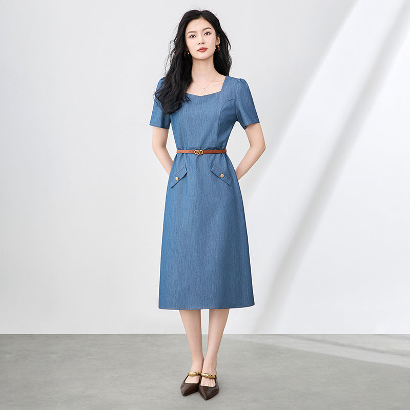 Elegant Retro Square Collar Waist Cinched Bubble Sleeve Denim Dress Commute Women Summer Style A- Line Midi Dress French Style