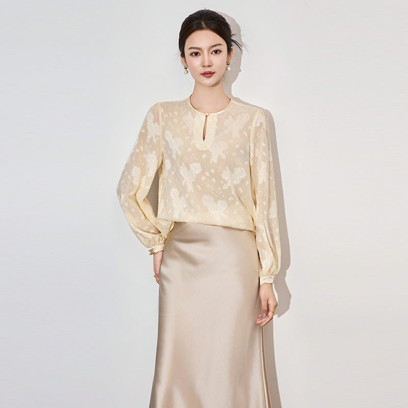 Chinese Style Jacquard Chiffon Blouses Shirt for Women Spring Autumn Elegant Stand Collar Long Sleeve Top