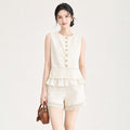 Summer Women Ruffles Sleeveless Beige Top Shirt , Woman Clothes Elegant Cardigan Tops Shirts