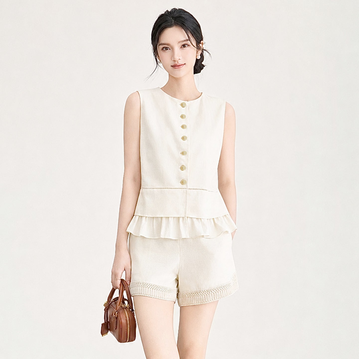 Summer Women Ruffles Sleeveless Beige Top Shirt , Woman Clothes Elegant Cardigan Tops Shirts