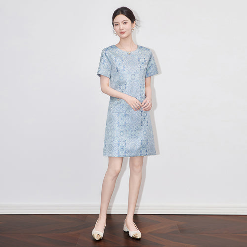 Elegant A- Line Dress Summer Style Short Sleeve High-Quality Silk Thread Embroidery Midi Dress for Women Elegant Fashionable