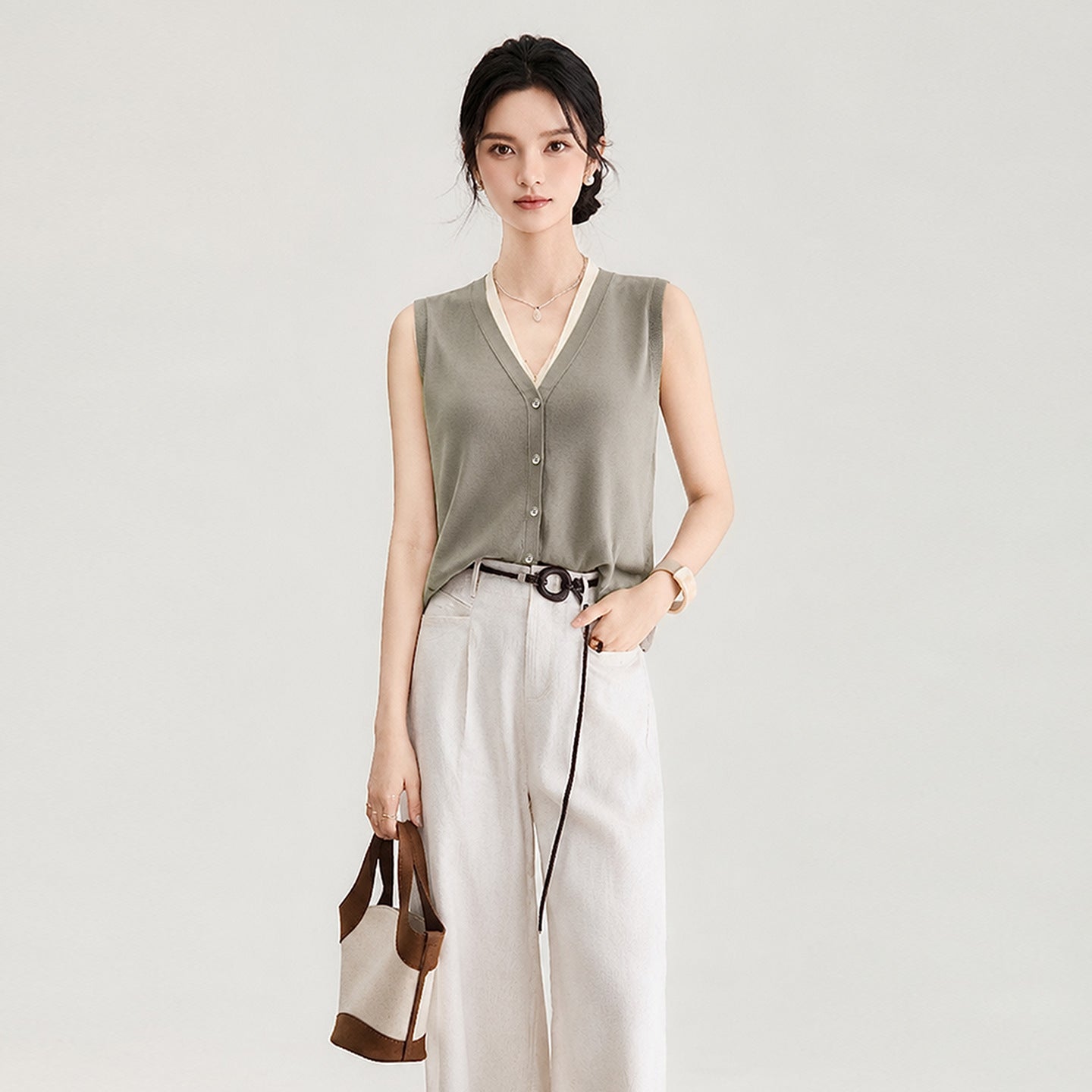 Casual Loose Sleeveless Knitted Top Women's Summer Fashion Color Block V-Neck Princess Sleeve Open Cardigan