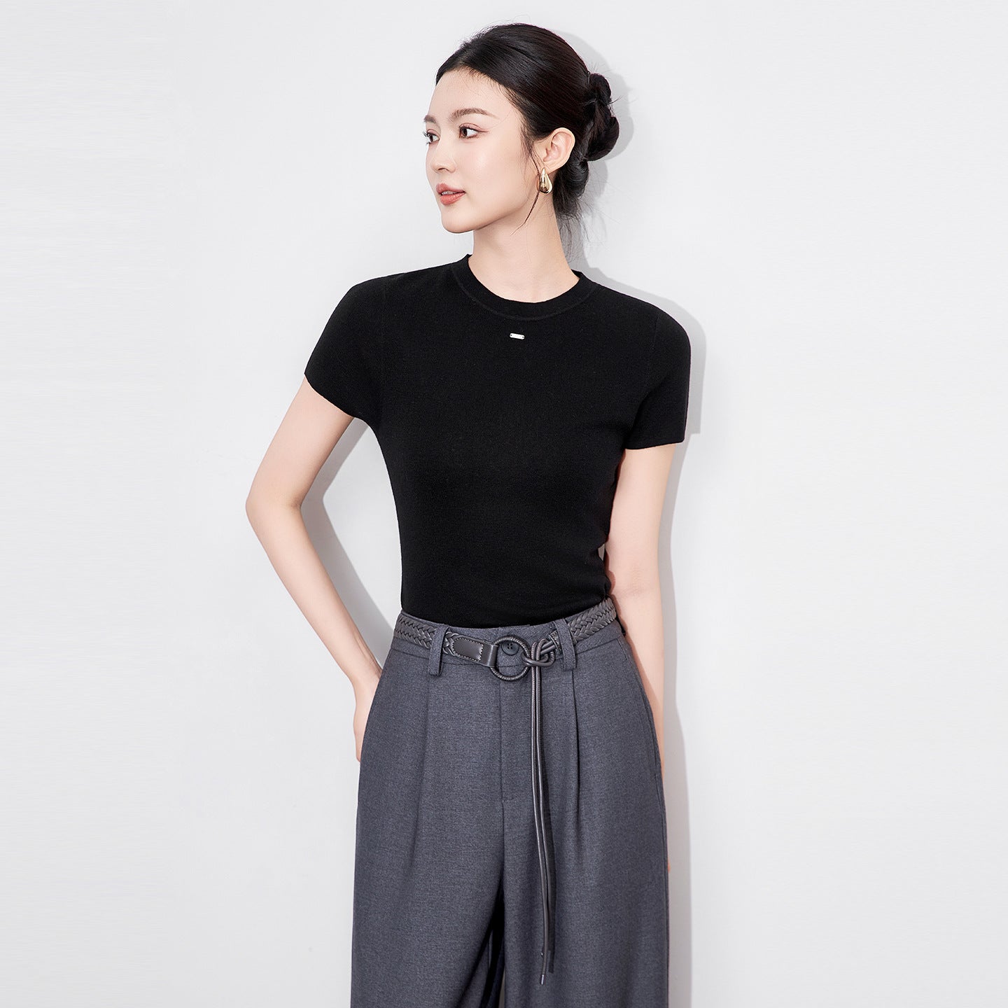 Short Sleeve round Neck T-Shirt Women's Casual Pure Color Loose Fit Comfortable Slimming Top for Summer