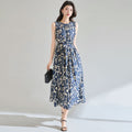 Summer Design Sense Hepburn Style Oil Painting Printed Sleeveless Dress with Waist Belt Medium Length Skirt