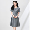 Simple Waist-Cinching Summer Dress Women's Skirt A-Line Silhouette French Style Short Sleeve round Neck Casual Dress