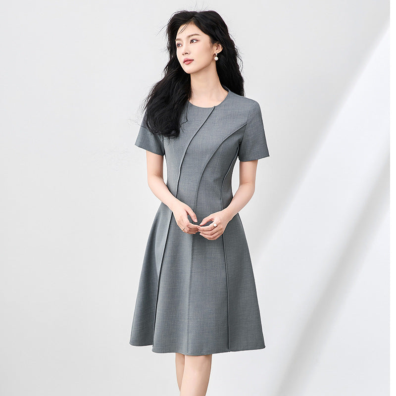 Simple Waist-Cinching Summer Dress Women's Skirt A-Line Silhouette French Style Short Sleeve round Neck Casual Dress