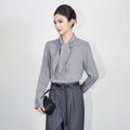 Women Long Sleeve Shirts Blouse Shirt Top Office Lady Bow Collar 93% Mulberry Silk 7% Spandex