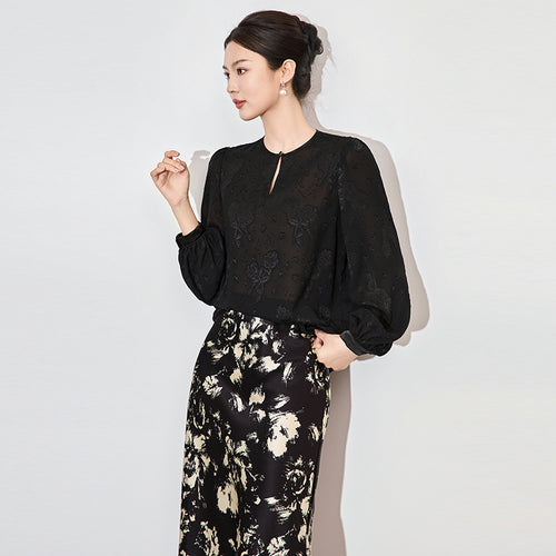 Elegant French Style Shangpin Polyester Georgette Shirt Lantern Sleeve Women's Spring Fashion Burned Flower Pattern Office Wear