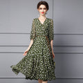 Retro Floral Print Dress Color Block Design Summer New Style V-Neck Short Sleeve Midi Dress Versatile Commute Friendly Skirt