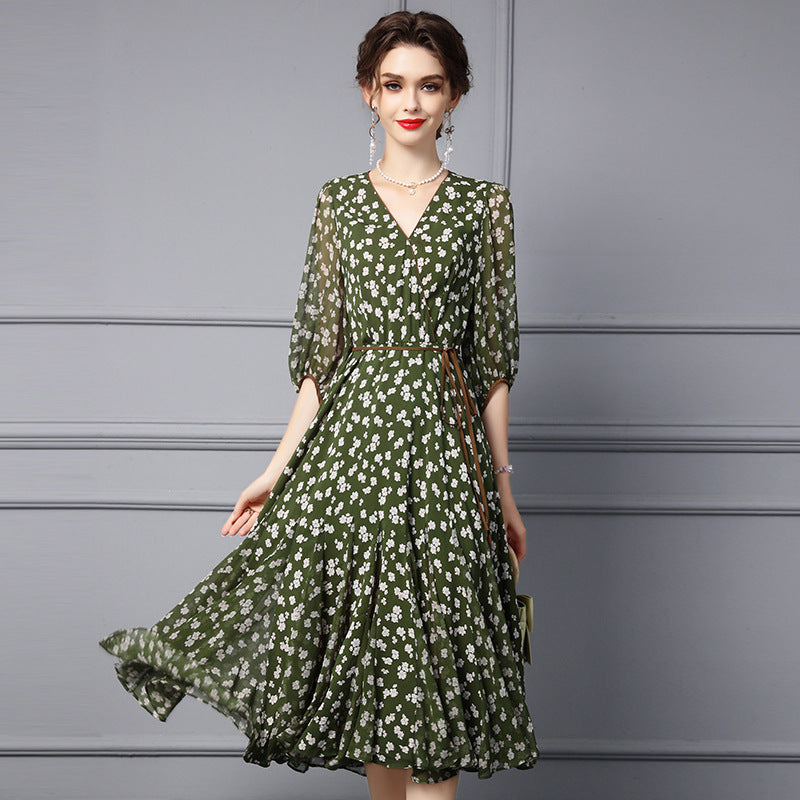 Retro Floral Print Dress Color Block Design Summer New Style V-Neck Short Sleeve Midi Dress Versatile Commute Friendly Skirt
