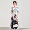 Fashionable Heavy-Worked Chain Print Slimming Dress High-Quality South Oil A-Line Skirt Short Sleeve round Neck Commute Style