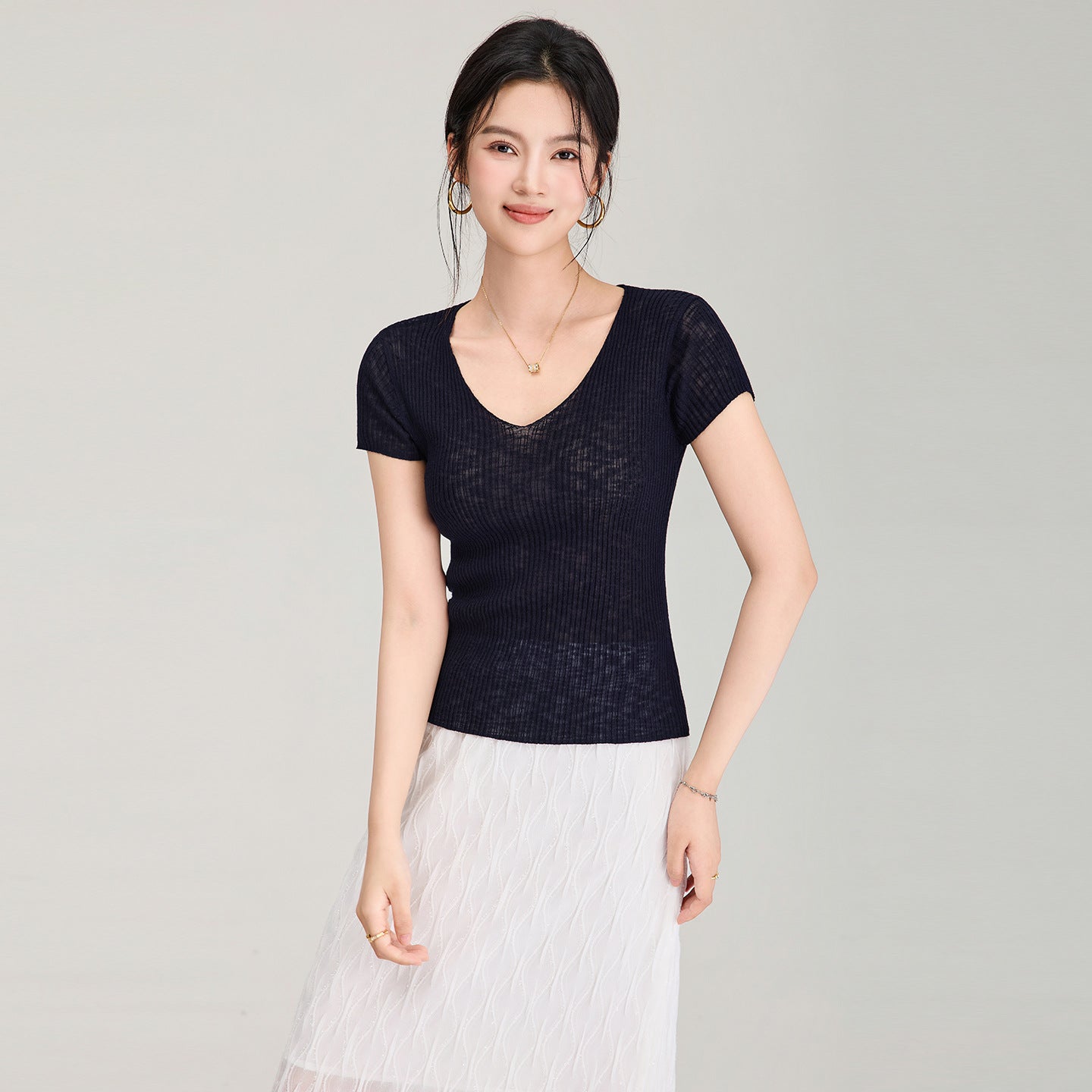 Summer Women's Slim Fit round Neck Short Sleeve T-Shirt Elastic High-End Feel Three Houses Versatile Short T-Shirt Female Tops
