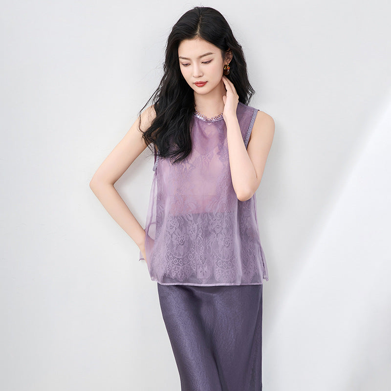 Elegant round Neck Lace Trim Splice Otago Shirts Fashionable Summer Tank Tops French Style Loose Fit Sleeveless Dresses