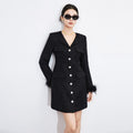 Elegant Women Single Breasted Ostrich Feather Long Sleeve Slim Fit Tweed Mini Dress Spring A Line Office Lady Work Twill Dresses