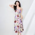 Elegant Floral Print Silk V-neck Halter Dress Classy Summer Long Gown Polyester Fabric No-sleeve Midi Dress for Women