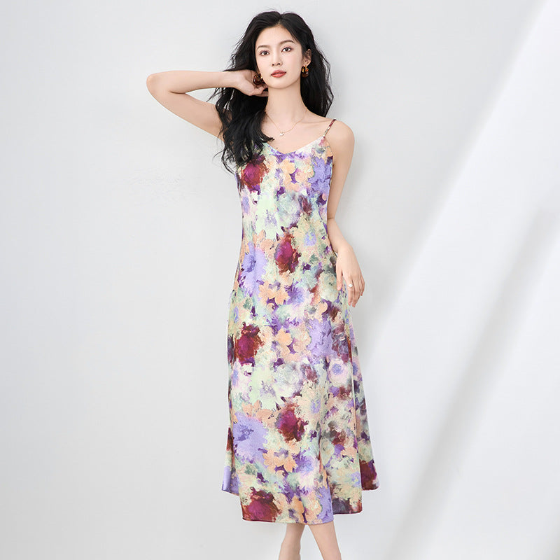 Elegant Floral Print Silk V-neck Halter Dress Classy Summer Long Gown Polyester Fabric No-sleeve Midi Dress for Women