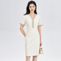 Elegant Knitted Dress V-Neck Slim Fit with Gold Embellished Belt And Button Summer Fashion Style 26 Year Gold Thread