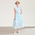 Elegant Embroidery Shirt Dress Summer Clothing Women Sleeveless Lapel Neck Maxi Long Dresses OL Style Commuting Dress Robe Femme
