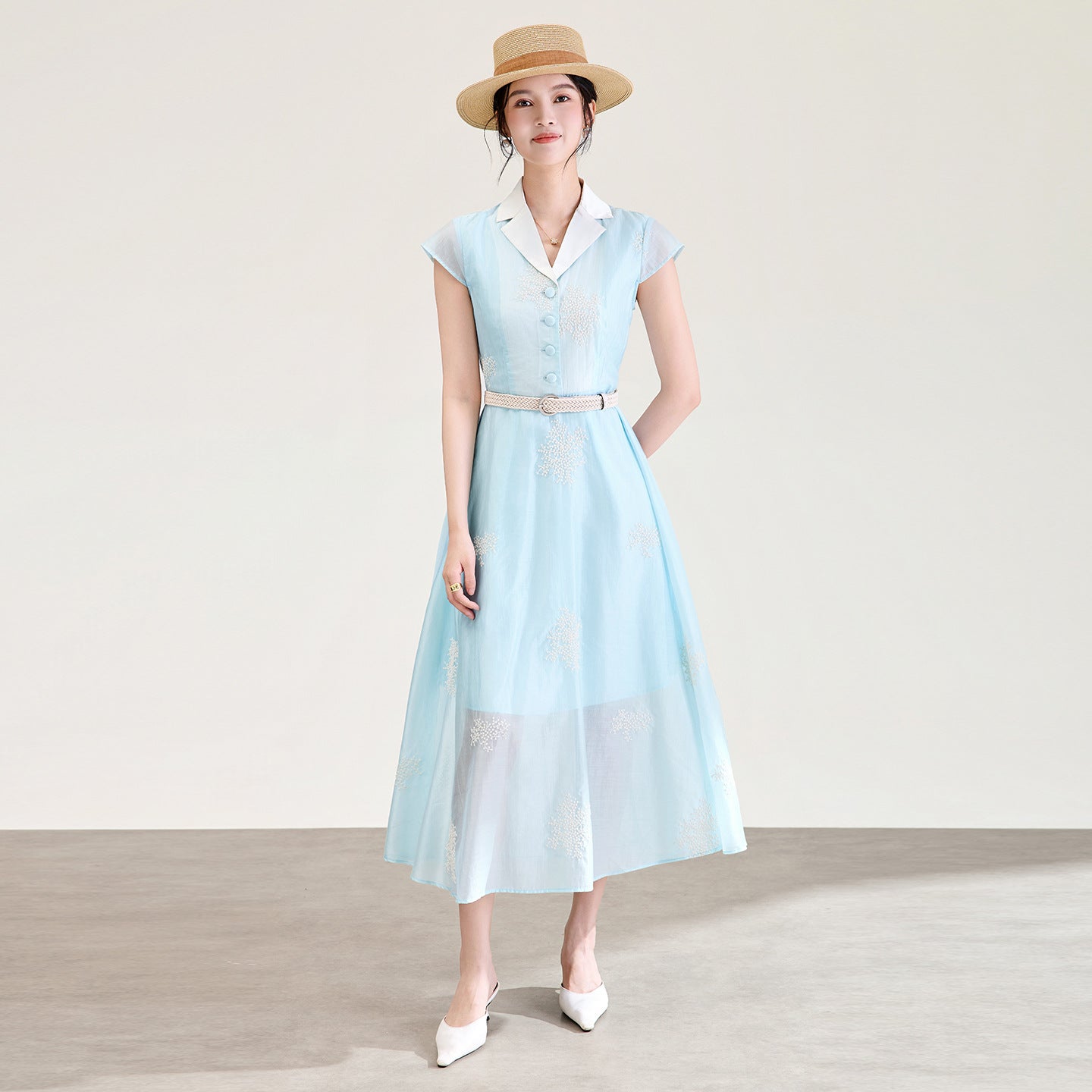Elegant Embroidery Shirt Dress Summer Clothing Women Sleeveless Lapel Neck Maxi Long Dresses OL Style Commuting Dress Robe Femme