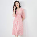 Elegant French Style Silk Print Gored Skirt Dress Mid-Sleeve V-Neck A- Line Midi Dress Summer New Arrival White Moonlight