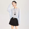 Lightweight Women's Purple Striped Knitted Sweater Hollow out Sun Protection Loose Fit Long Sleeve round Neck Fashionable
