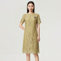 Elegant Pearl Chain Diamon Luxury Embroidery Lace Prom Evening Dresses Women Summer Short Sleeve Hollow Out Midi Long Dress
