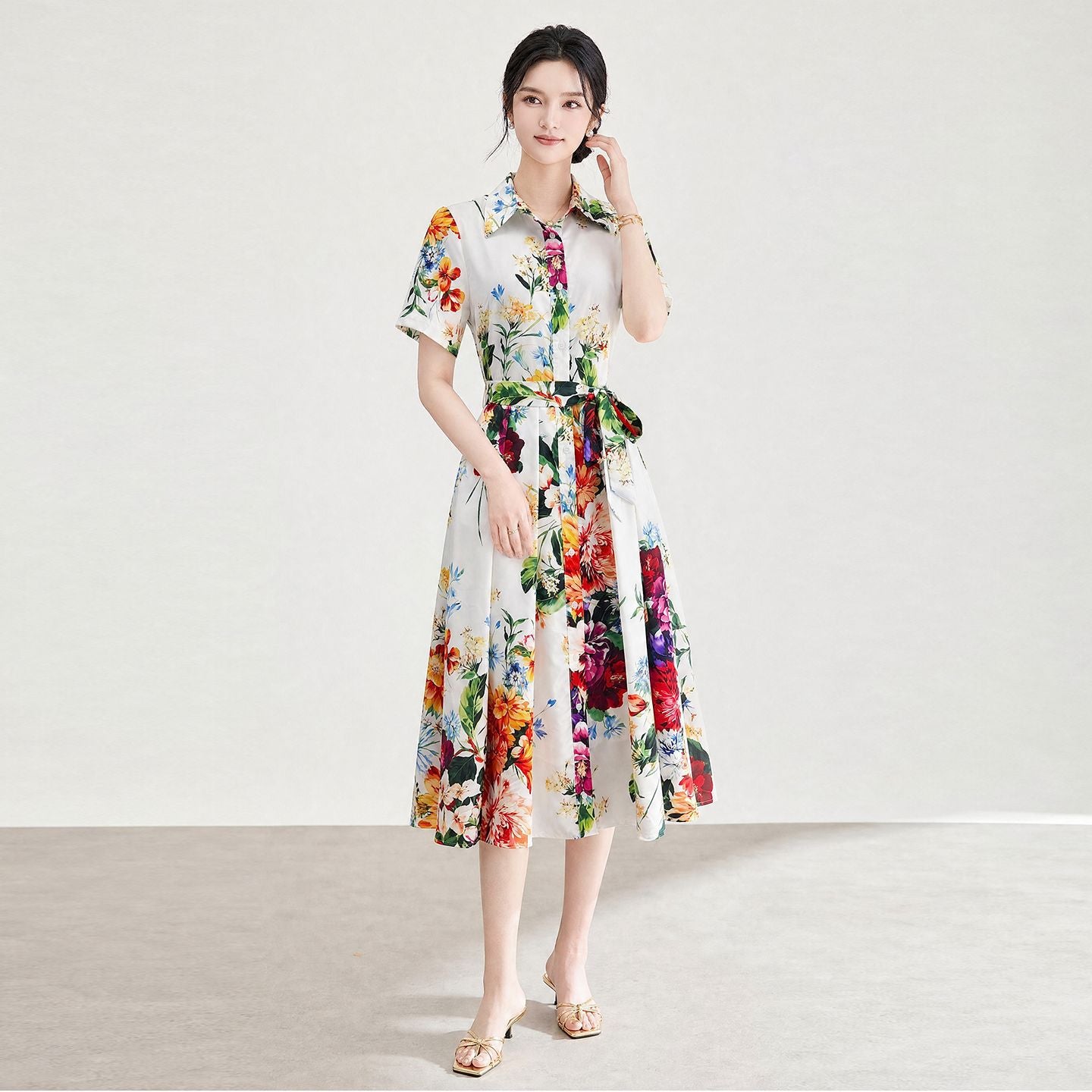 Summer Gorgeous Flower Maxi Dress Shirt Women's Turn Down Neck Short Sleeve Floral Print Long Party Vestidos Lady