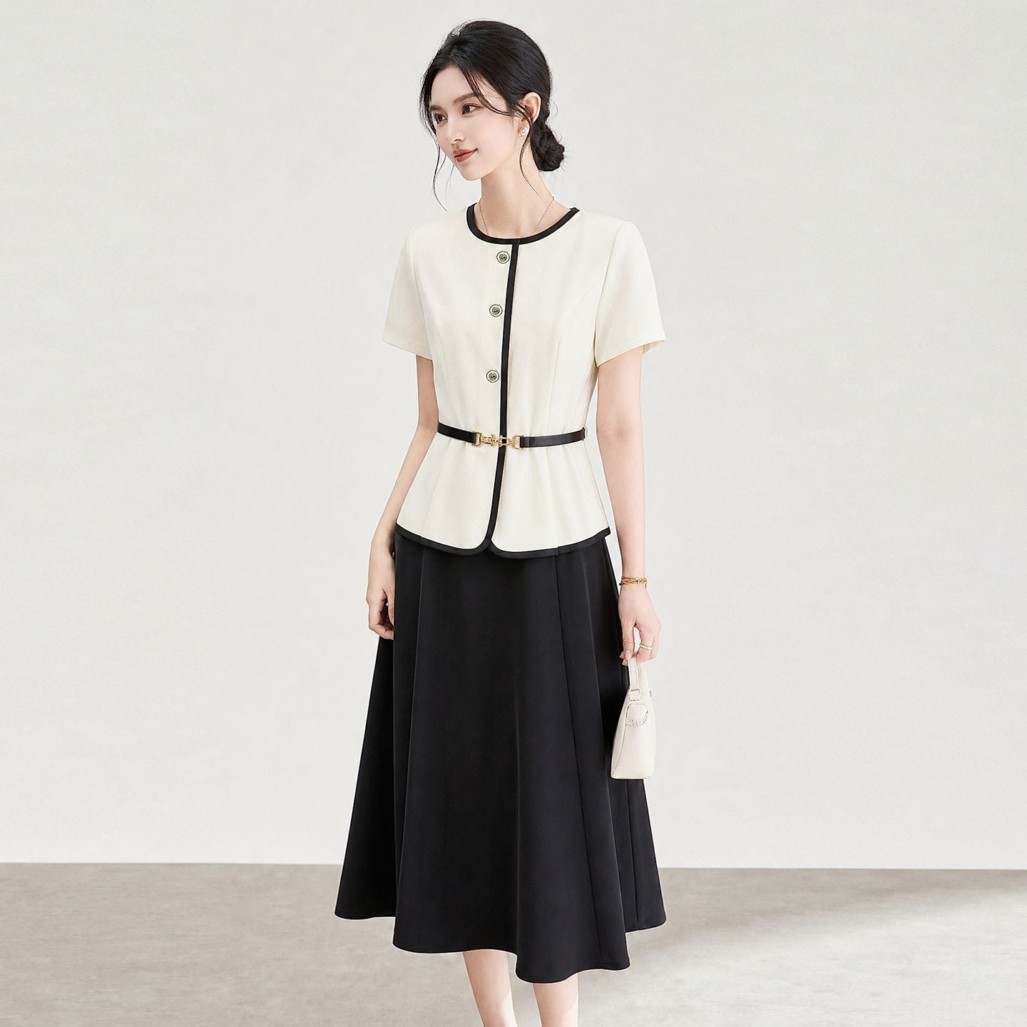 Fashionable Summer Short Sleeve Dress Slimming Color Block round Neck Mid Length Women's Skirt Professional Style Knee Length