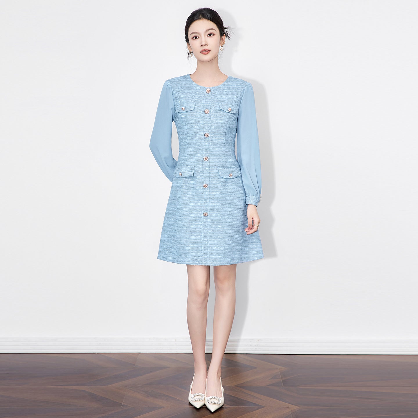 Elegant A- Line Dress Luxury Light French Style Waist-Cinching Woolen Skirt High Waist Long Sleeve round Neck Bubble Sleeve Dres