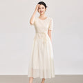 Summer French Fairy Style Elegant Long Dress Round Neck Short Sleeve Embroidered Beaded High Waist Temperament Dress Women