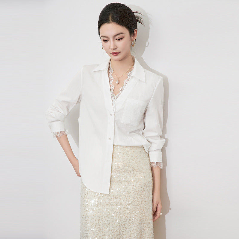 Fashion Women Shirt Long Sleeved Loose Casual New Design V-neck Lace Border Female Blouses White Spring Summer