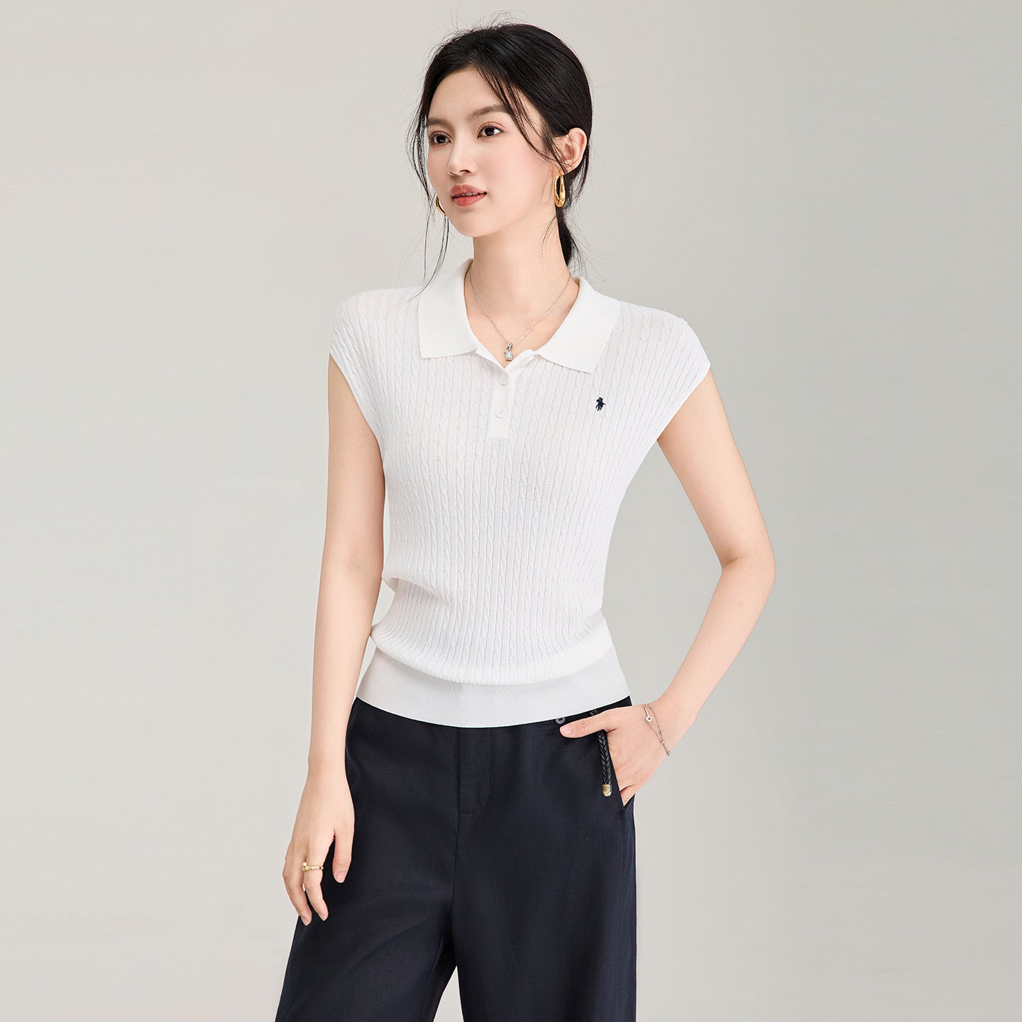 French Style Knitted Short Sleeve Polo Shirt Casual Turn-down Collar White T-shirt Women's Top Comfortable Breathable
