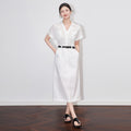 Elegant French Style Linen Shirt Dress Slimming Waist Summer New Arrival Women's Dress High Waist V-Neck Five-Quarter Sleeve