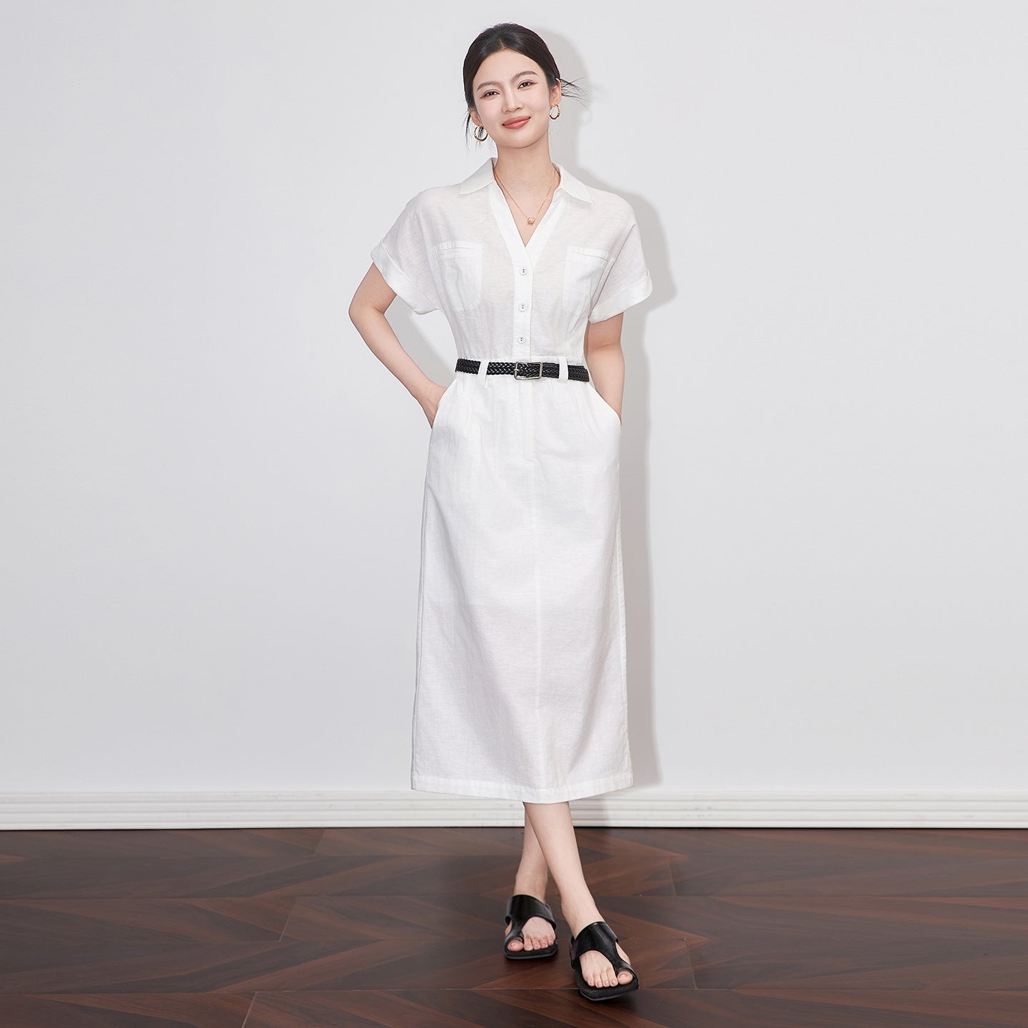 Elegant French Style Linen Shirt Dress Slimming Waist Summer New Arrival Women's Dress High Waist V-Neck Five-Quarter Sleeve